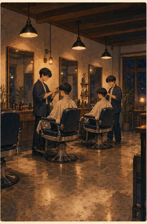ร้านตัดผมหลายเก้าอี้ในโทน lofi
